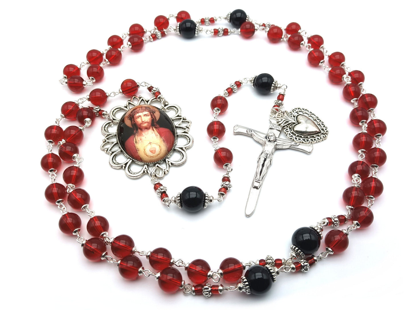 Sacred Heart of Jesus unique rosary beads with red glass beads, onyx pater beads, silver nail crucifix, heart medal and picture centre medal.