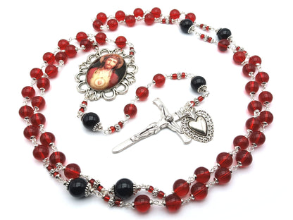 Sacred Heart of Jesus unique rosary beads with red glass beads, onyx pater beads, silver nail crucifix, heart medal and picture centre medal.