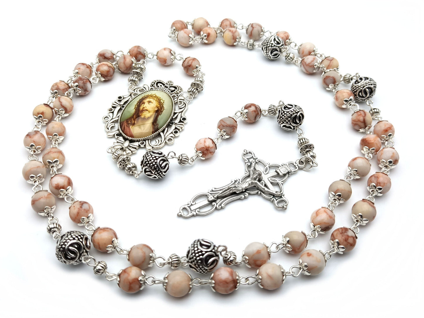 The Crown of Thorns unique rosary beads with marbled gemstone beads, silver pater beads, crucifix and picture centre medal.
