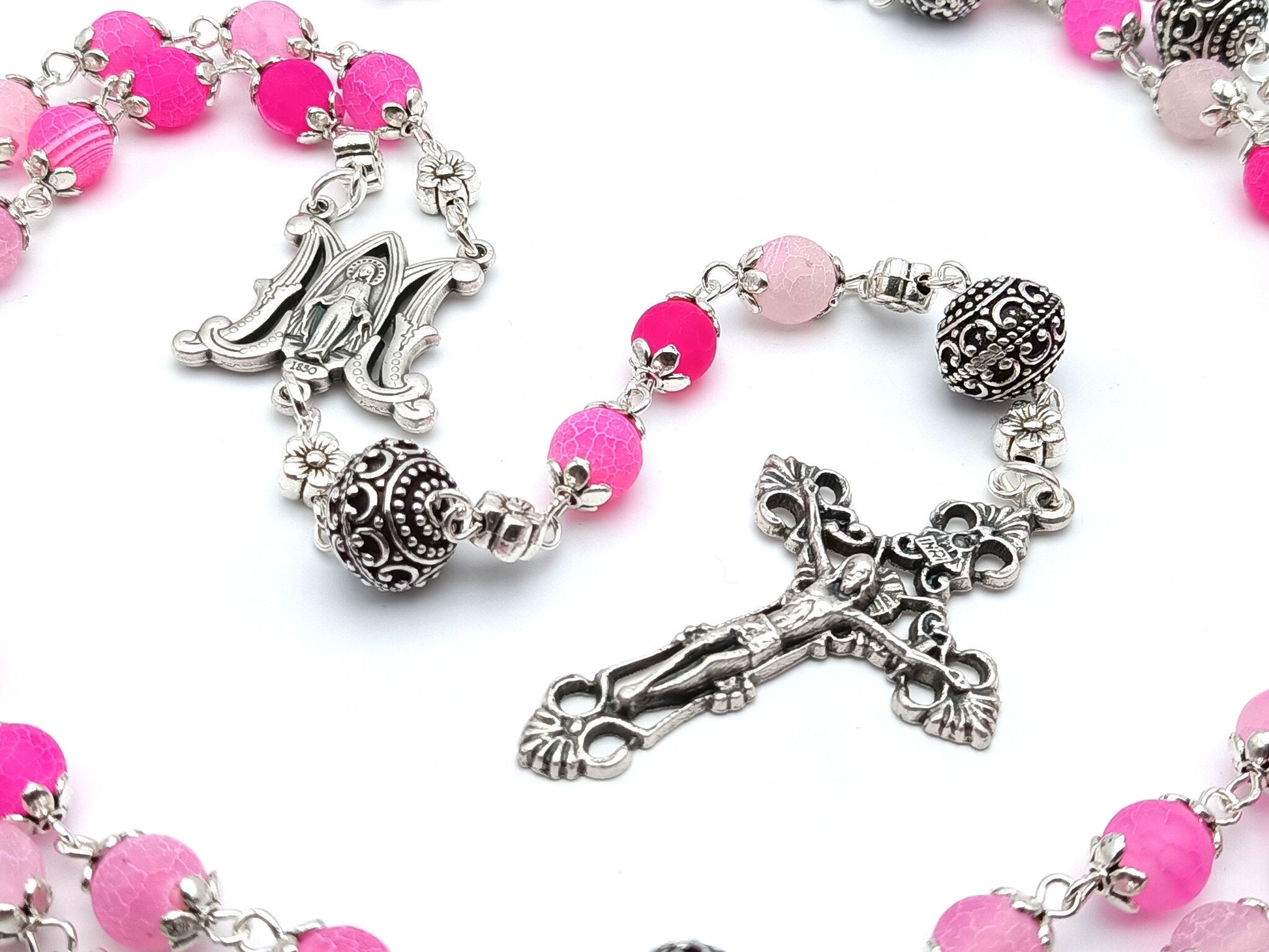 Miraculous medal unique rosary beads with pink agate gemstone beads, silver pater beads, crucifix, centre medal and bead caps.
