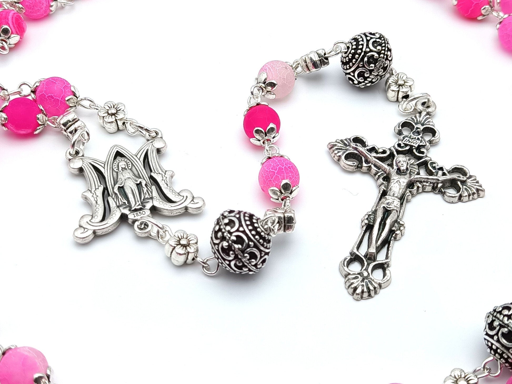 Miraculous medal unique rosary beads with pink agate gemstone beads, silver pater beads, crucifix, centre medal and bead caps.