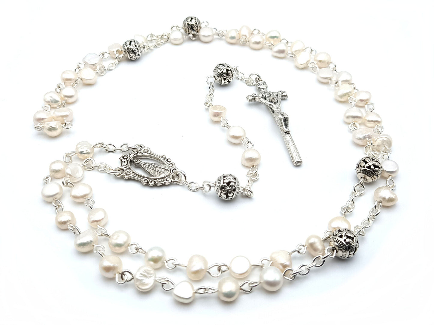 Our Lady of Loretto unique rosary beads with fresh water pearl beads, silver crucifix, pater beads and centre medal.