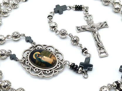 Blessed Virgin Mary unique rosary beads in Tibetan silver with hematite pater beads, silver crucifix and centre picture medal.