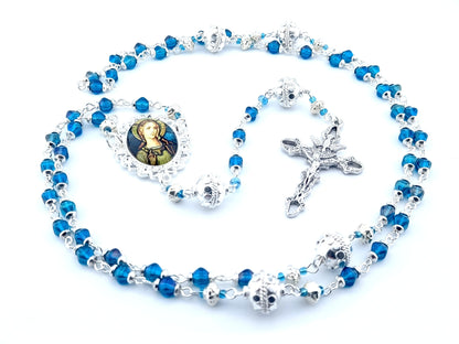 Angel Gabriel unique rosary beads with blue glass beads, silver pater beads, Holy Spirit crucifix and picture centre medal.