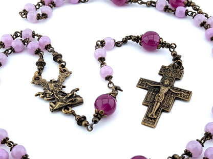 Saint Michael the Archangel unique rosary beads with pink glass beads, bronze Saint Francis crucifix, centre medal and bead caps.