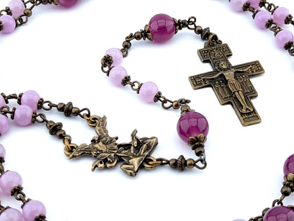 Saint Michael the Archangel unique rosary beads with pink glass beads, bronze Saint Francis crucifix, centre medal and bead caps.