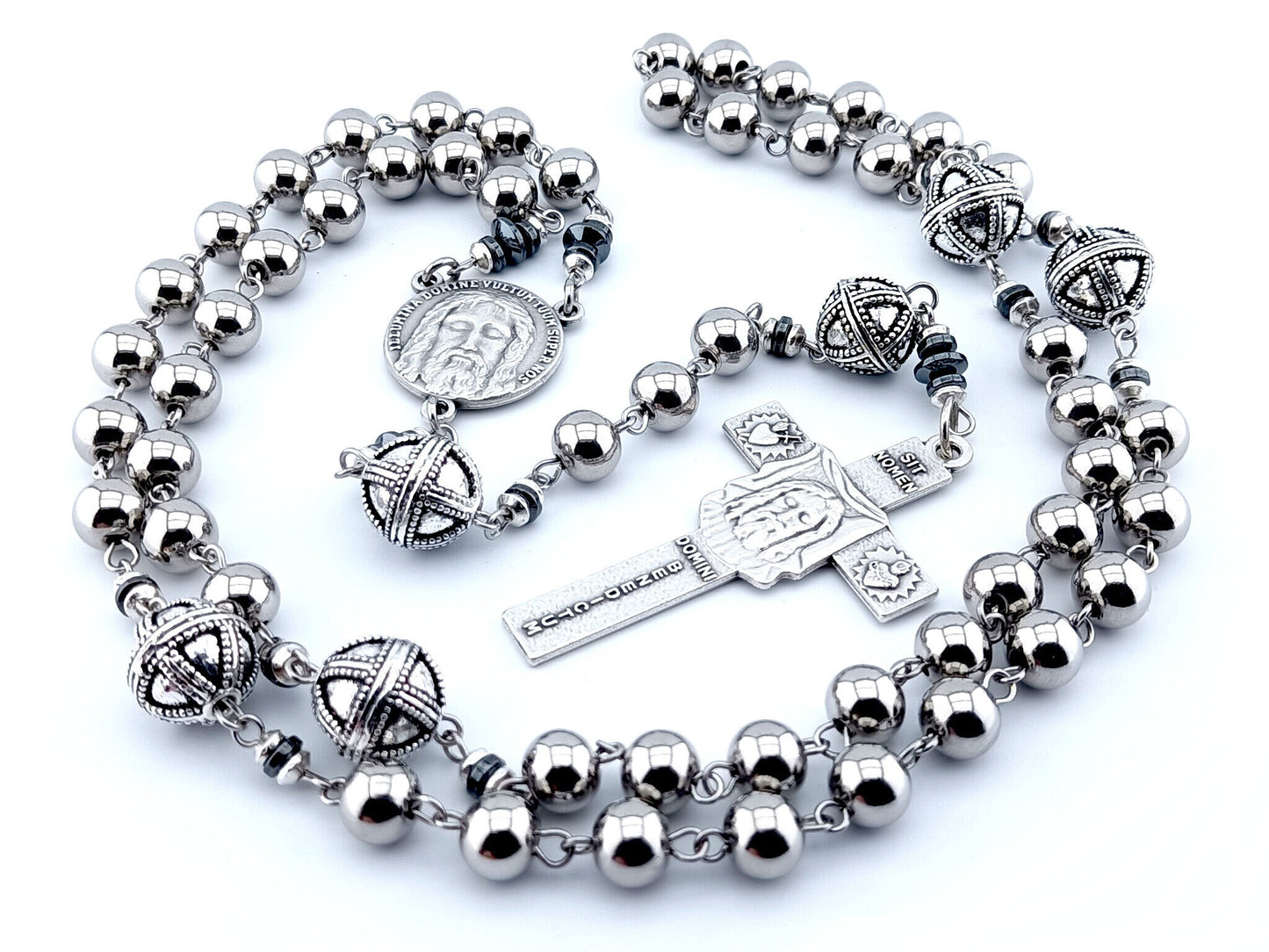 Holy face of Jesus unique rosary beads with stainless steel beads, silver Holy Face crucifix, pater beads and centre medal.