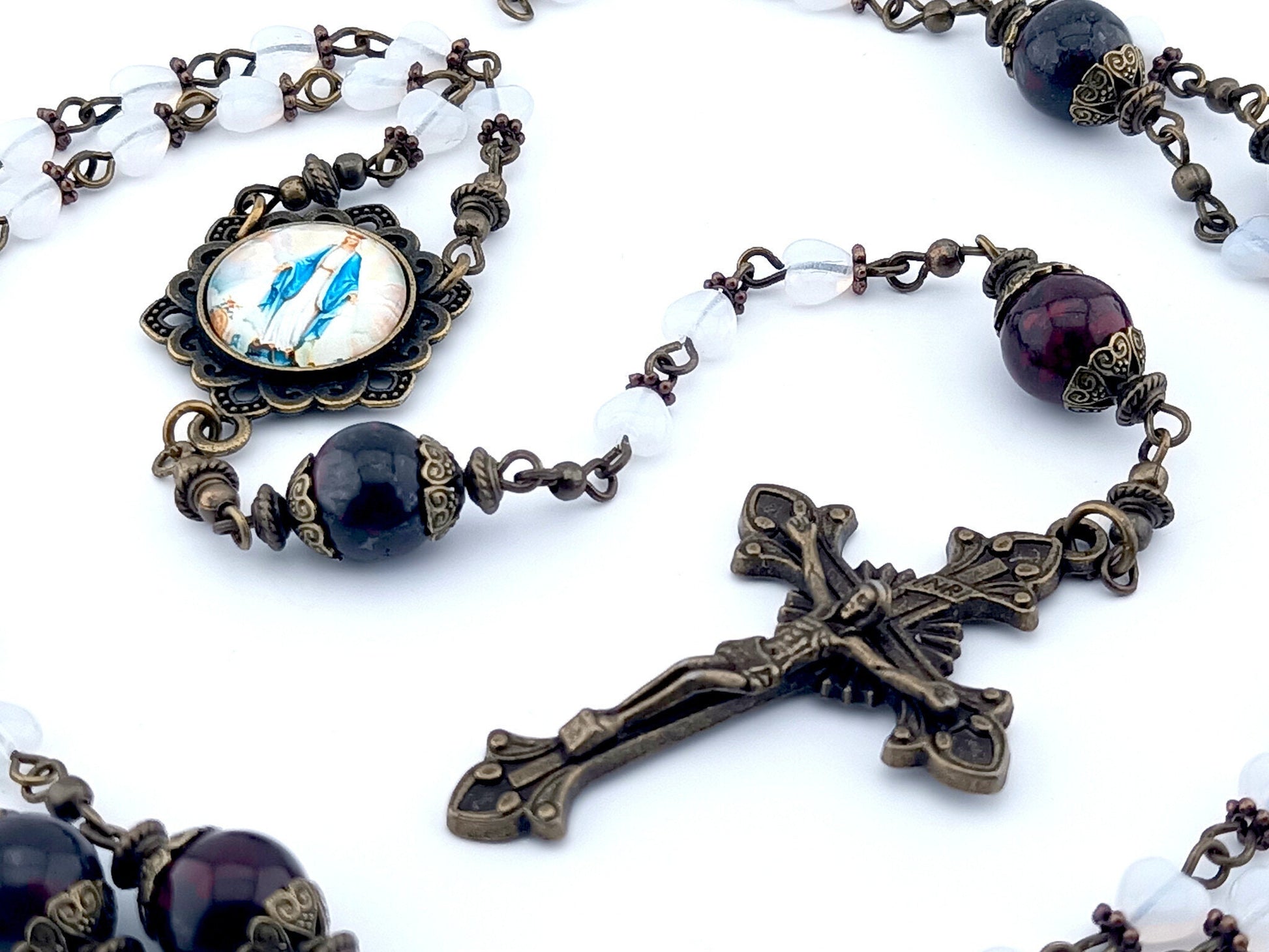 Antique style Our Lady of Grace white heart rosary beads, Vintage