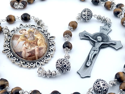 Saint Michael the Archangel unique rosary beads with tigers eye gemstone beads, silver pater beads, Saint Benedict crucifix and picture centre medal.