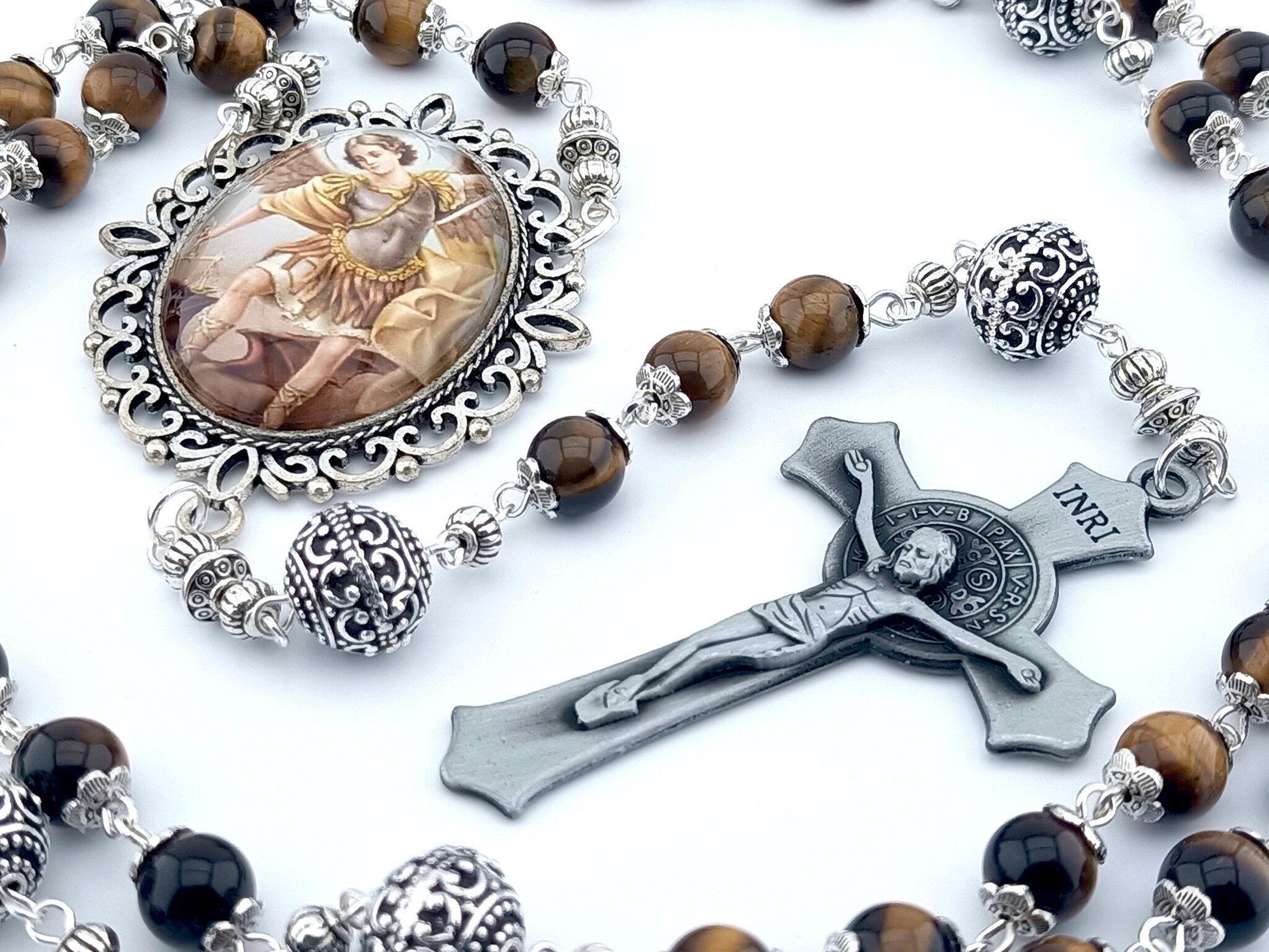 Saint Michael the Archangel unique rosary beads with tigers eye gemstone beads, silver pater beads, Saint Benedict crucifix and picture centre medal.
