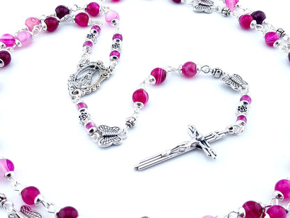 Our Lady of Loretto unique rosary beads with pink agate gemstone beads, silver butterfly pater beads, crucifix and centre medal.