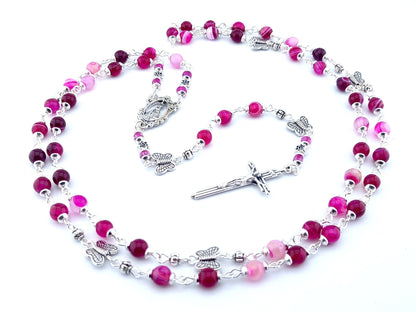 Our Lady of Loretto unique rosary beads with pink agate gemstone beads, silver butterfly pater beads, crucifix and centre medal.