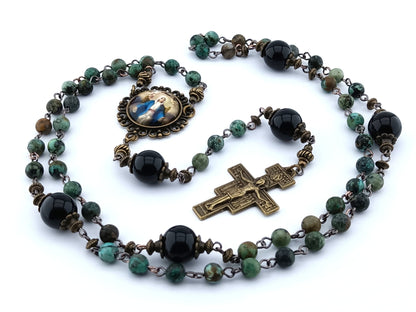 Our Lady Queen of Heaven unique rosary beads with green jasper gemstone beads, onyx pater beads, bronze Saint Francis of Assisi crucifix and picture centre medal.