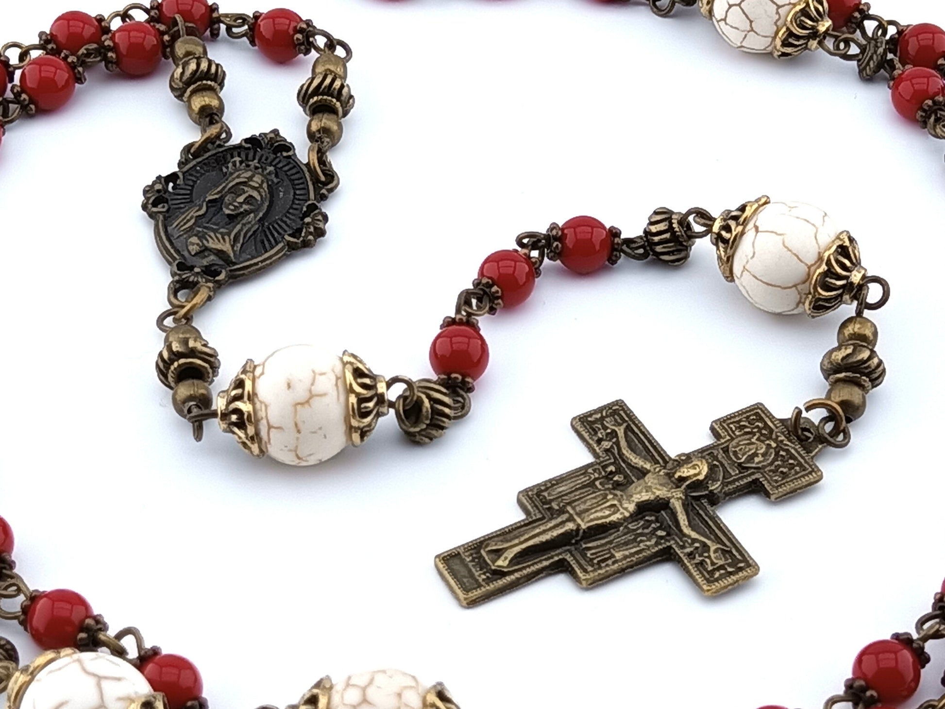 Immaculate Heart of Mary unique rosary beads with red glass beads, gemstone pater beads, bronze Saint Francis of Assisi crucifix and Our Lady centre medal.