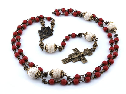 Immaculate Heart of Mary unique rosary beads with red glass beads, gemstone pater beads, bronze Saint Francis of Assisi crucifix and Our Lady centre medal.
