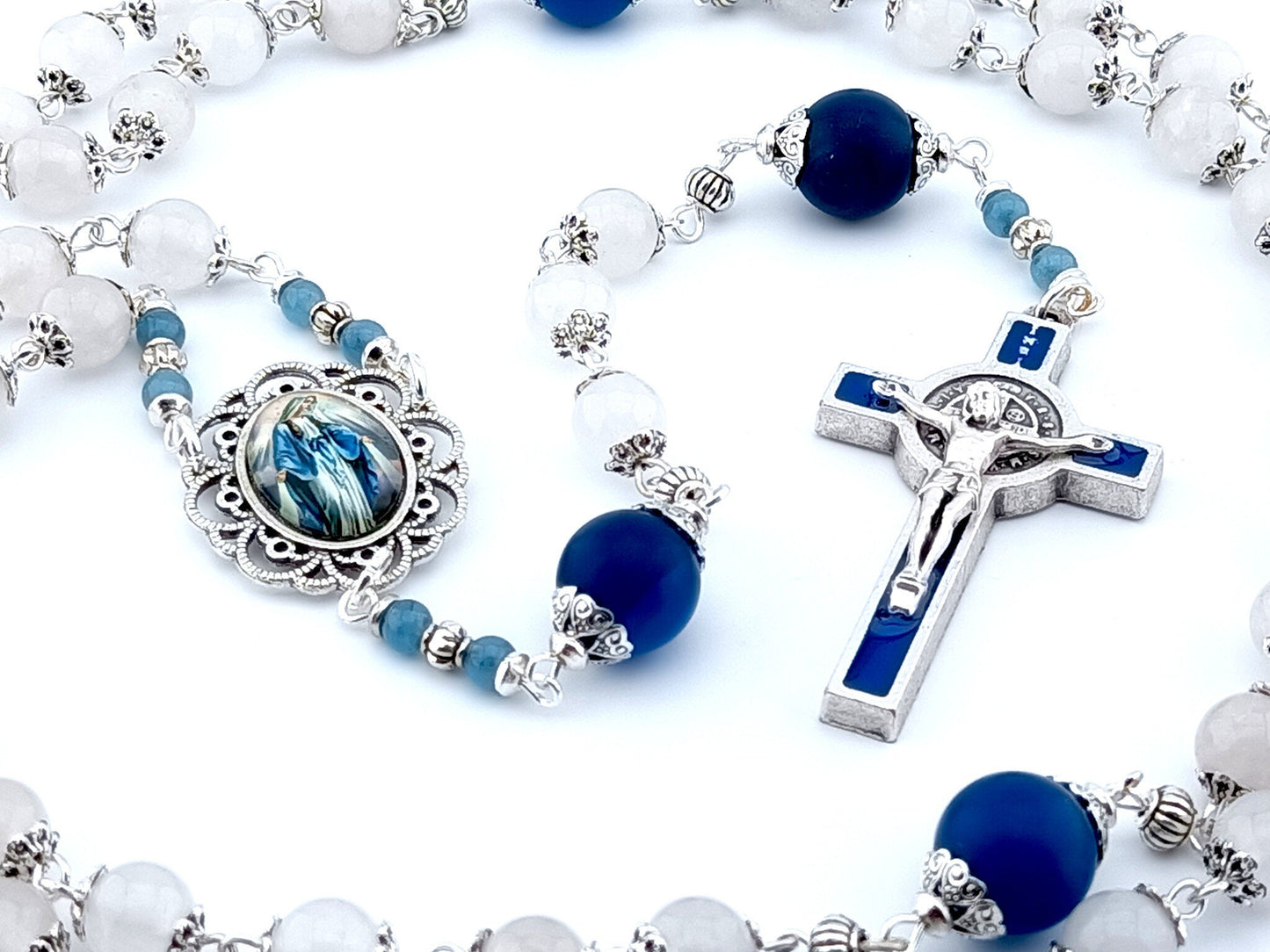 Our Lady of Grace unique rosary beads with opal and blue agate gemstone beads, blue enamel Saint Benedict crucifix, silver bead caps and picture centre medal.