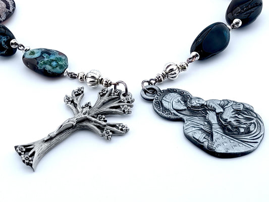 Our Lady of Perpetual Help unique rosary beads prayer chaplet with agate gemstone beads, pewter tree of life crucifix and large end medal.
