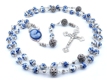 Virgin Mary and Child unique rosary beads with blue floral porcelain beads, silver pater beads, crucifix and cameo centre medal.