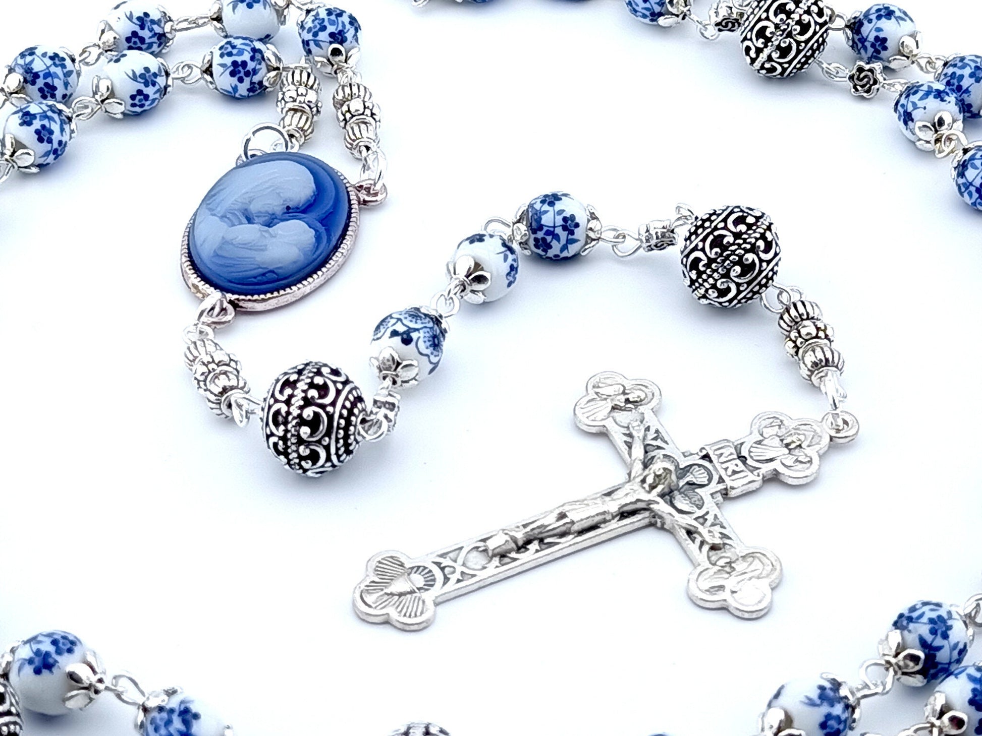 Virgin Mary and Child unique rosary beads with blue floral porcelain beads, silver pater beads, crucifix and cameo centre medal.