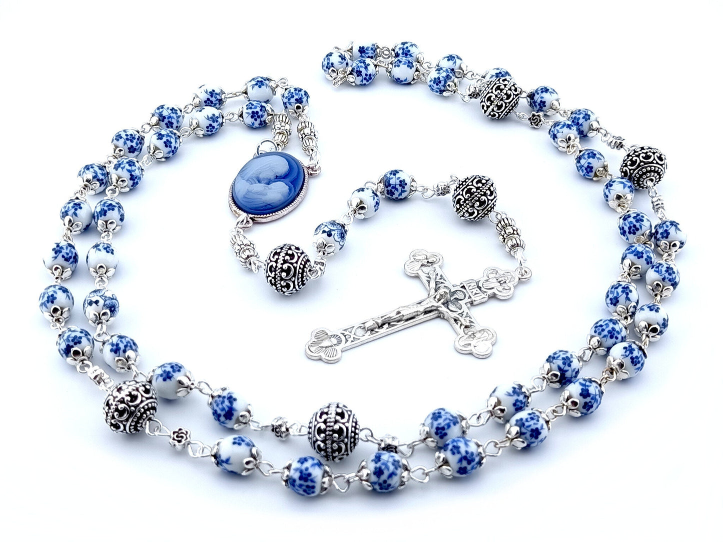 Virgin Mary and Child unique rosary beads with blue floral porcelain beads, silver pater beads, crucifix and cameo centre medal.