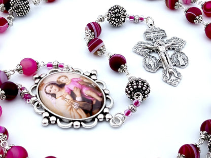 Our Lady of Mount Carmel unique rosary beads with purple agate gemstone beads, pardon crucifix, silver pater beads and picture centre medal.