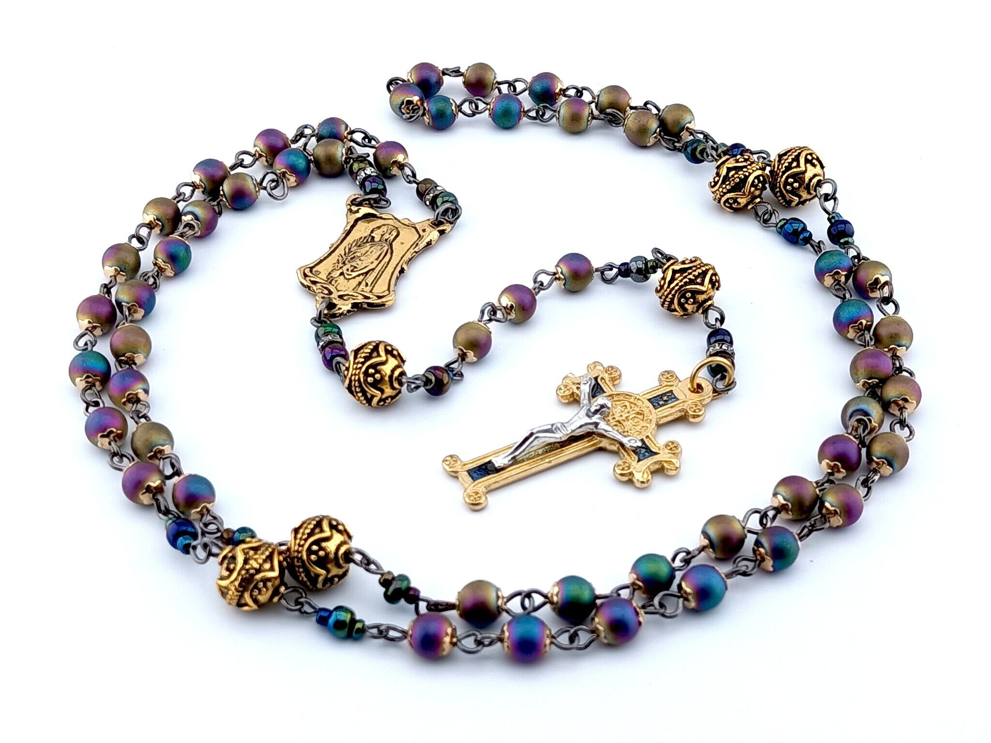 Saint Philomena and Saint John Vianney unique rosary beads with antique style petrol hematite beads, golden pater beads, crucifix and double sided centre medal.