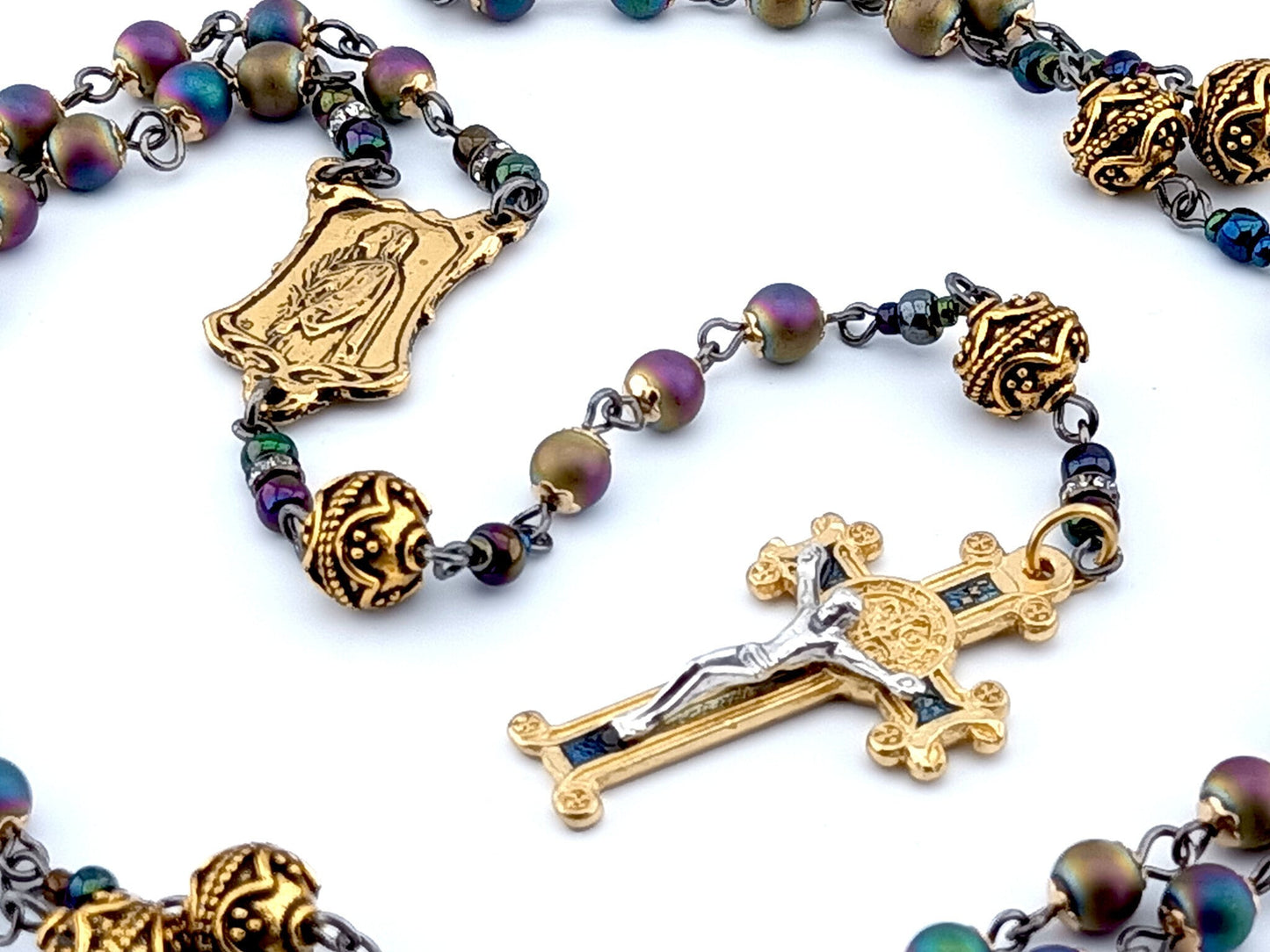 Saint Philomena and Saint John Vianney unique rosary beads with antique style petrol hematite beads, golden pater beads, crucifix and double sided centre medal.