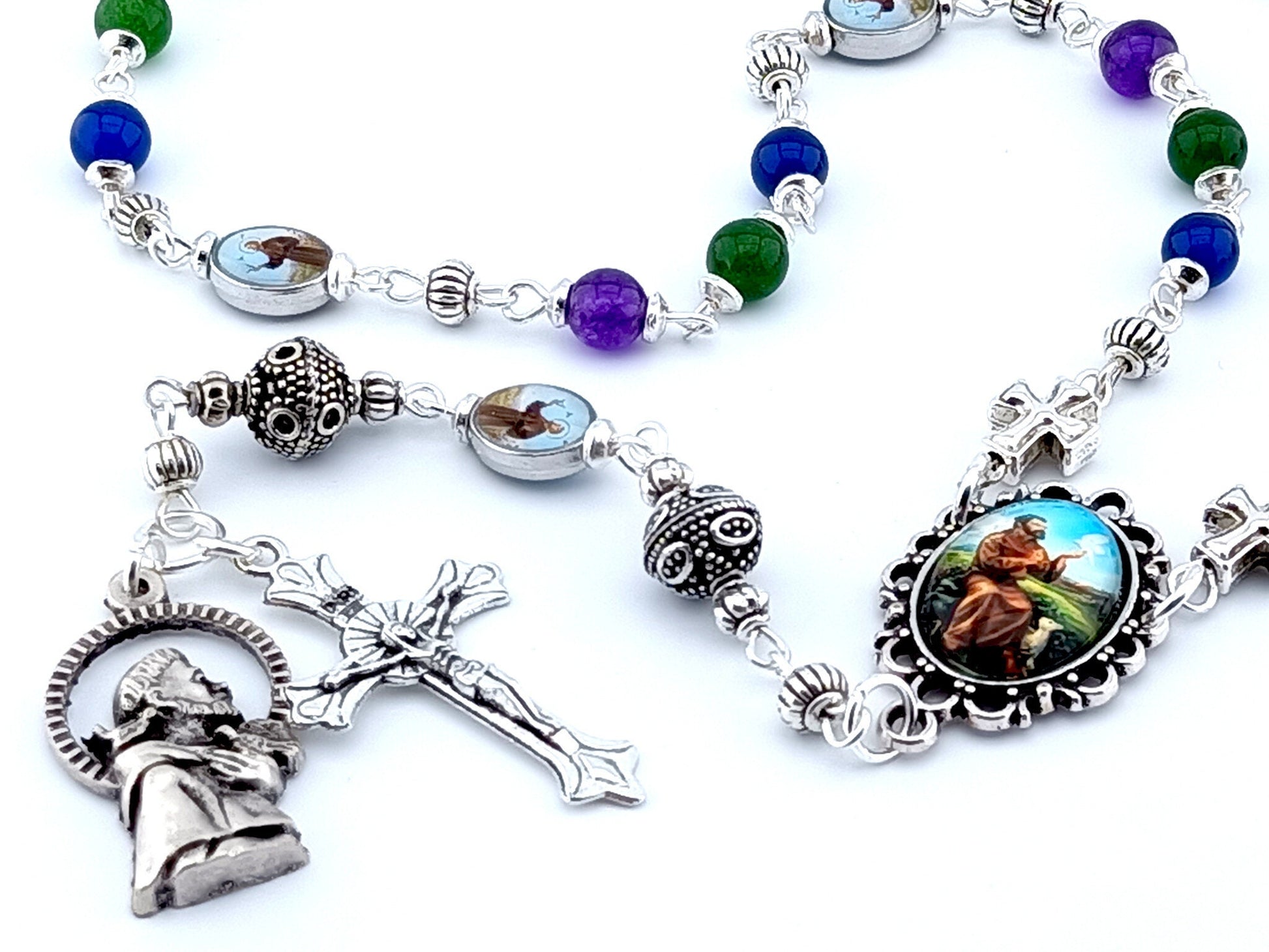 Saint Francis of Assisi unique rosary beads prayer chaplet with agate gemstone beads, silver crucifix, beads and picture medals.