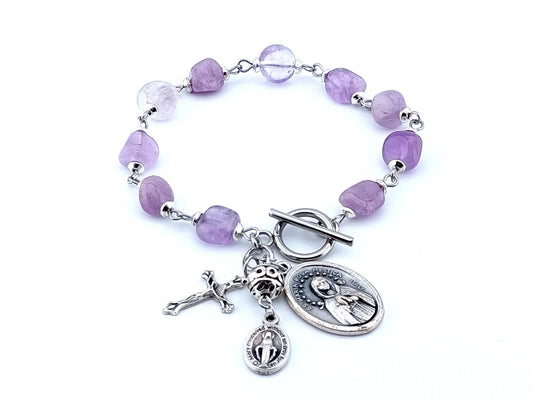 Maria Rosa Mystica unique rosary beads singel decade bracelet with lilac nugget agate gemstone beads, silver T bar clasp, crucifix, pater beads and medals.
