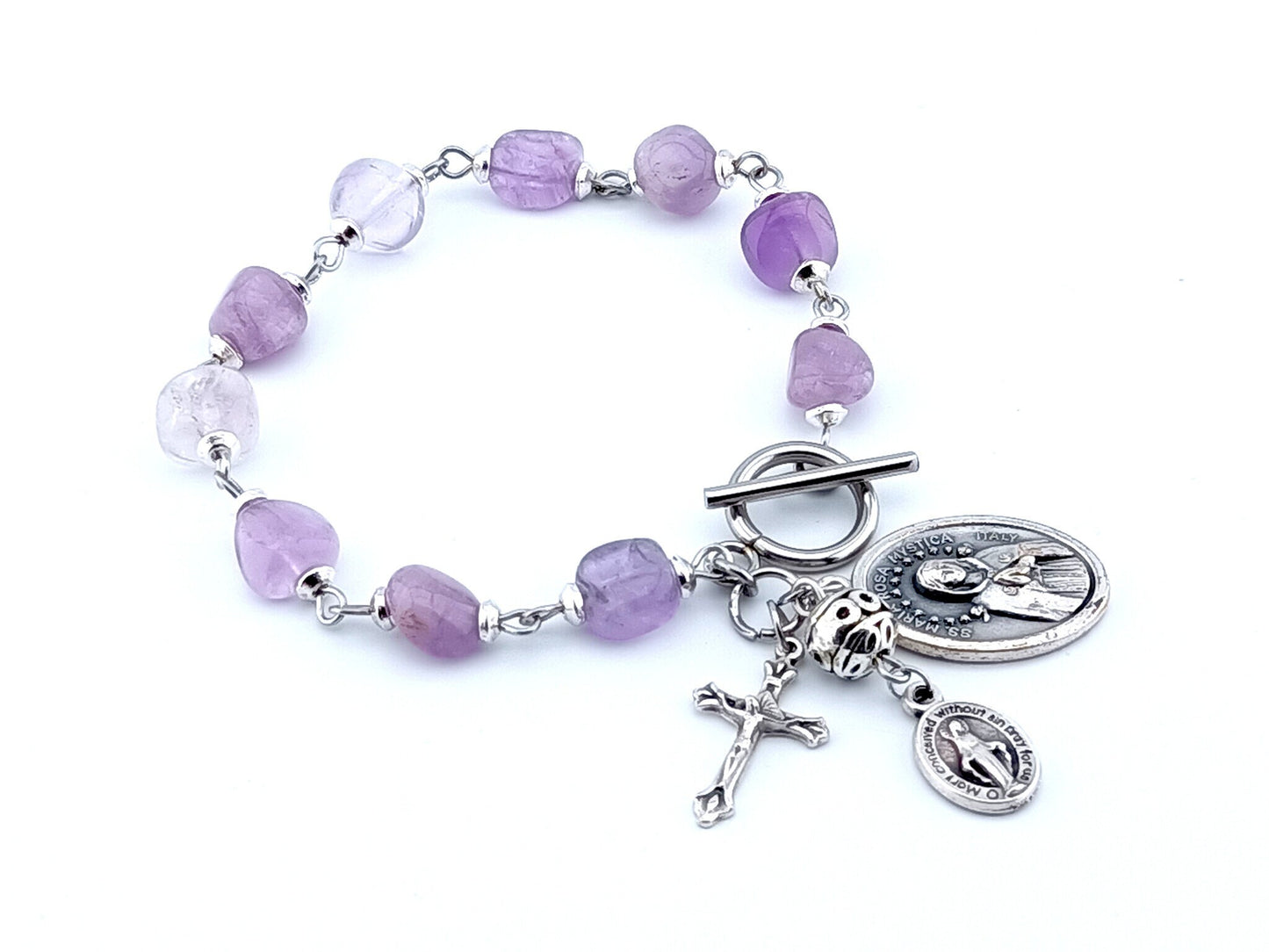 Maria Rosa Mystica unique rosary beads singel decade bracelet with lilac nugget agate gemstone beads, silver T bar clasp, crucifix, pater beads and medals.