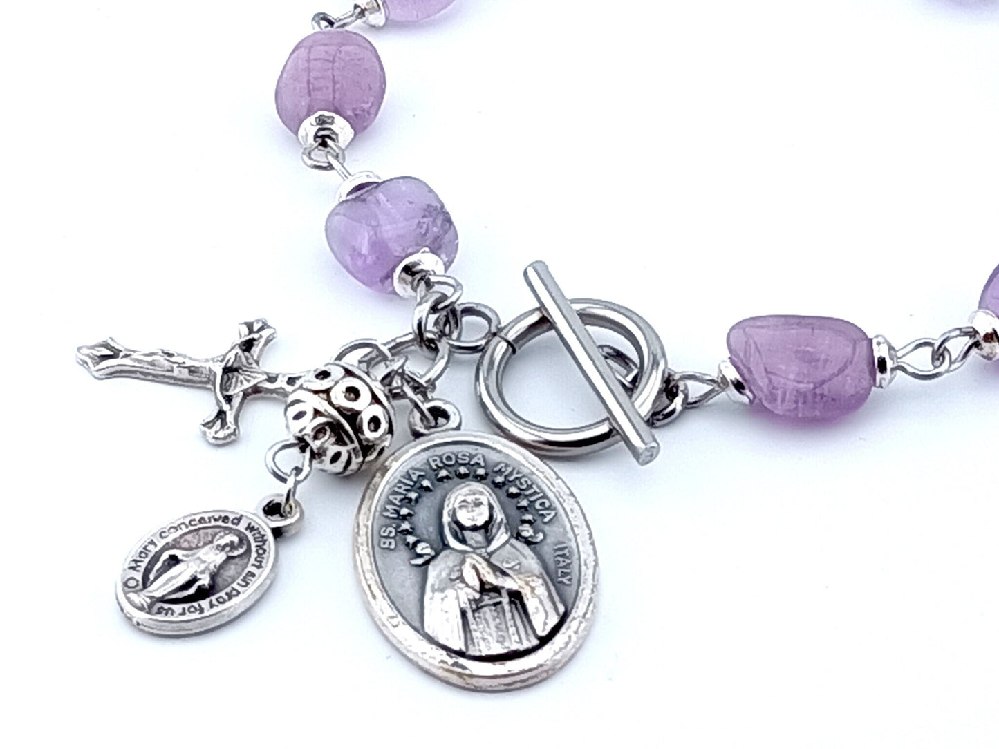 Maria Rosa Mystica unique rosary beads singel decade bracelet with lilac nugget agate gemstone beads, silver T bar clasp, crucifix, pater beads and medals.