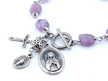 Maria Rosa Mystica unique rosary beads singel decade bracelet with lilac nugget agate gemstone beads, silver T bar clasp, crucifix, pater beads and medals.