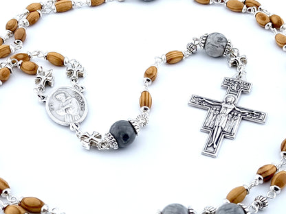 Saint Anthony and Saint Francis wood and gemstone rosary prayer beads with St Francis of Assisi crucifix.