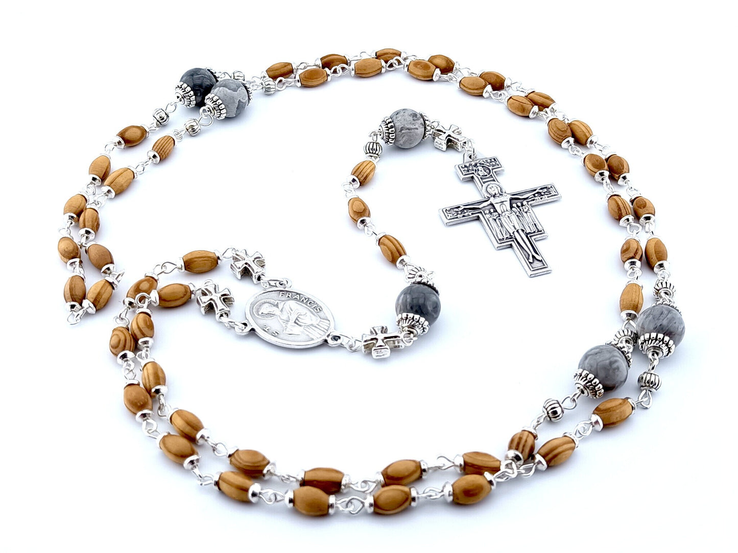 Saint Anthony and Saint Francis wood and gemstone rosary prayer beads with St Francis of Assisi crucifix.