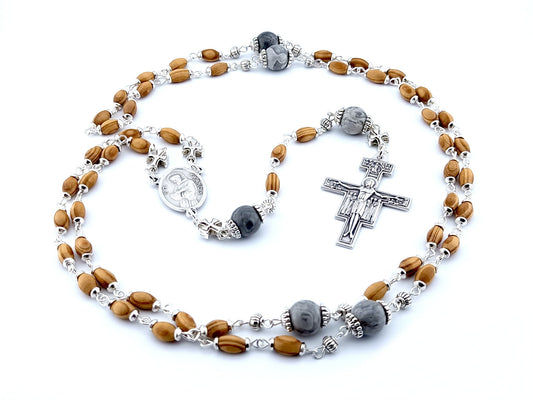 Saint Anthony and Saint Francis wood and gemstone rosary prayer beads with St Francis of Assisi crucifix.