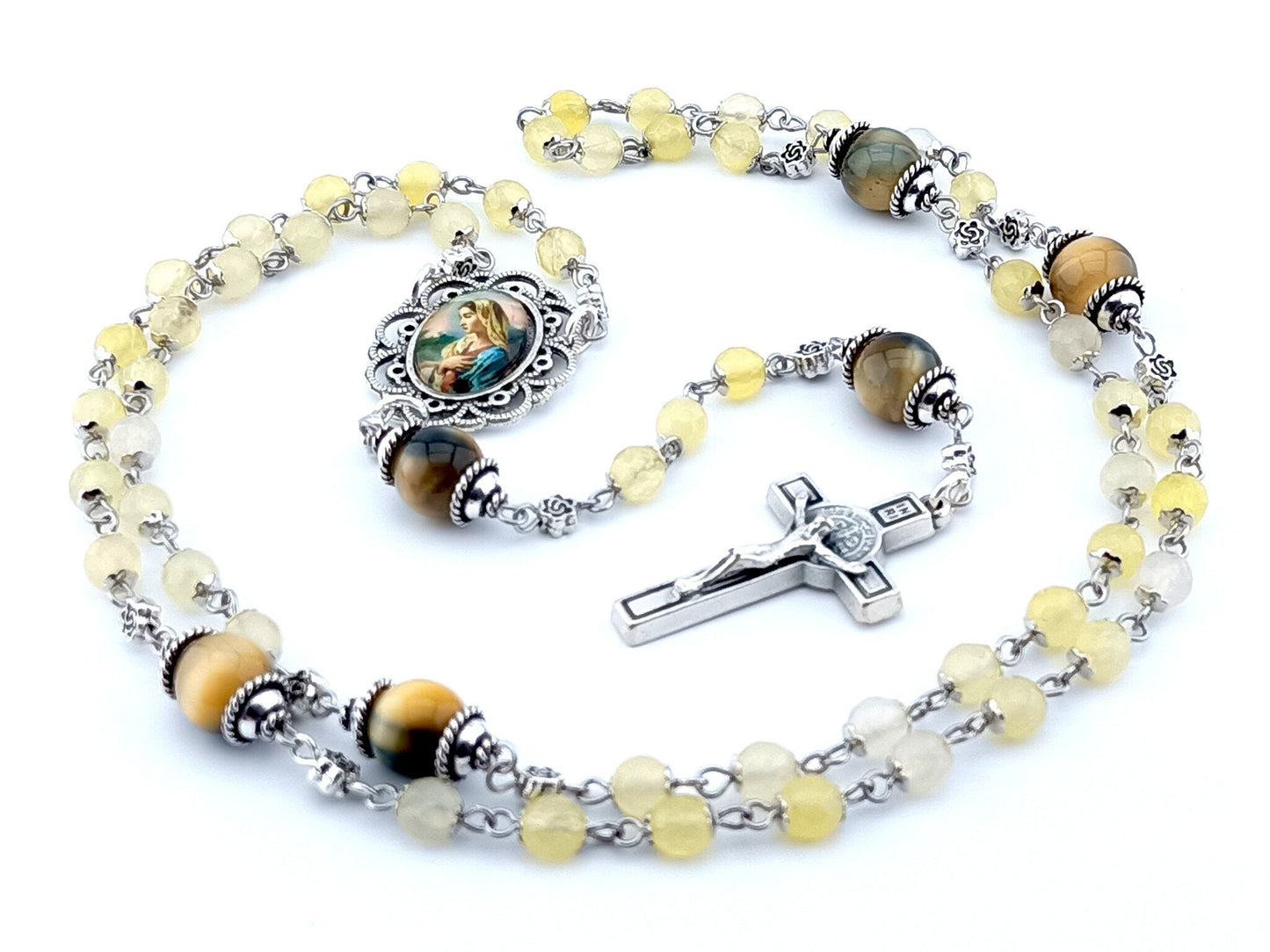 Our Lady's Fiat unique rosary beads with yellow faceted agate gemstone beads, tigers eye pater beads, silver Saint Benedict crucifix and picture centre medal.