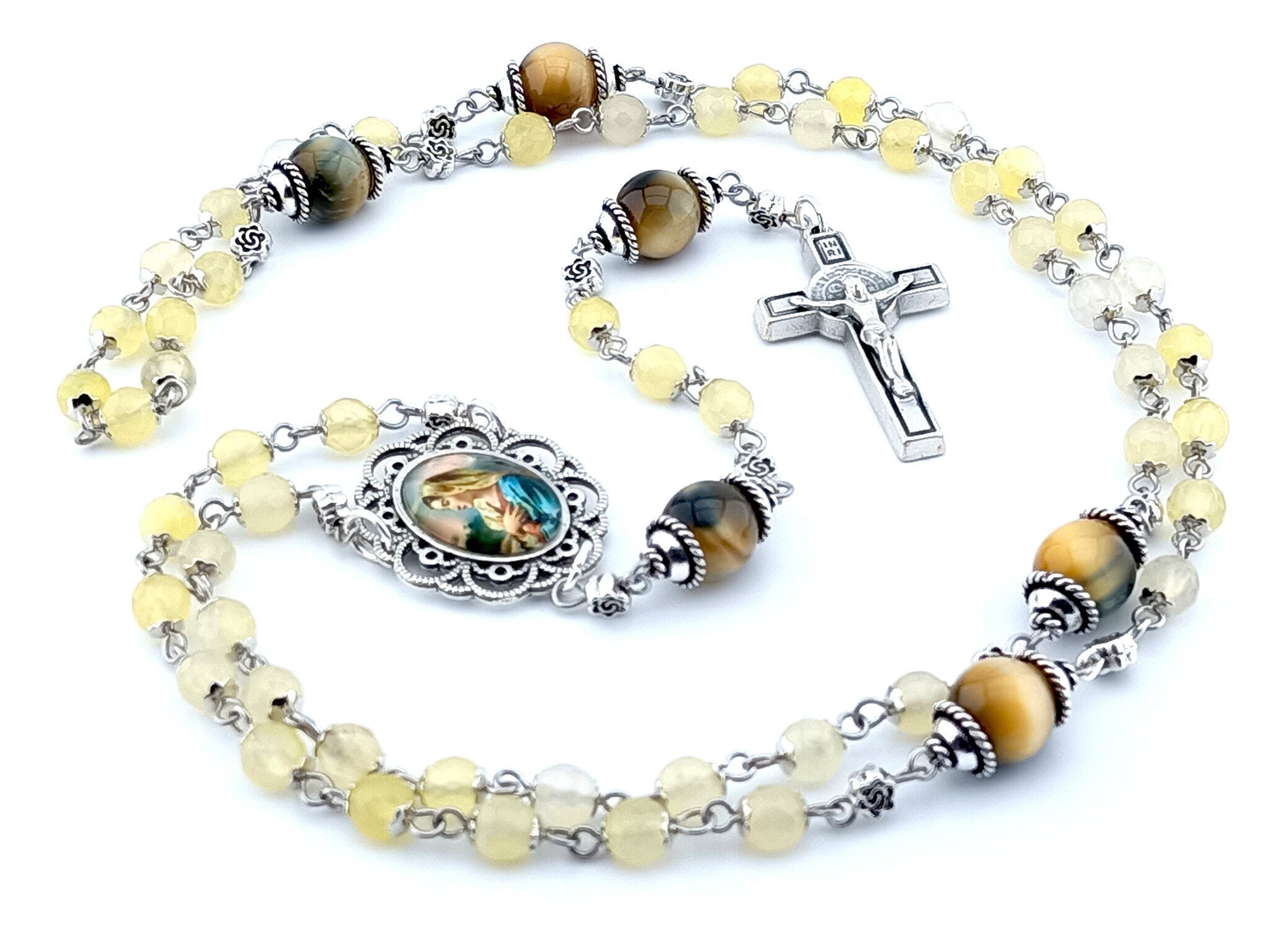 Our Lady's Fiat unique rosary beads with yellow faceted agate gemstone beads, tigers eye pater beads, silver Saint Benedict crucifix and picture centre medal.