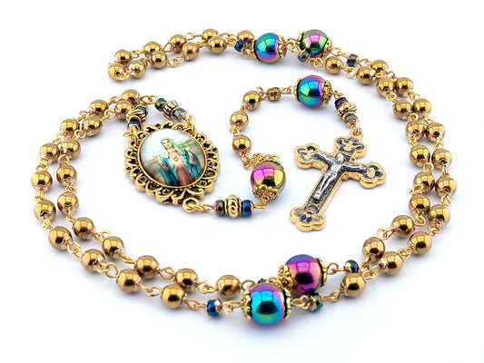 Immaculate Heart of Mary unique rosary beads with gold hematite and petrol beads, gold and blue crucifix and picture centre medal.