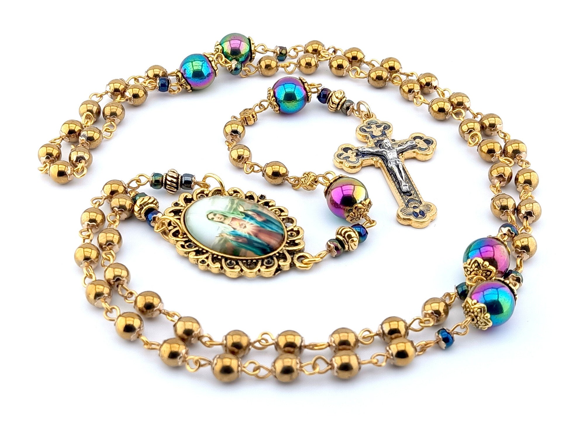 Immaculate Heart of Mary unique rosary beads with gold hematite and petrol beads, gold and blue crucifix and picture centre medal.