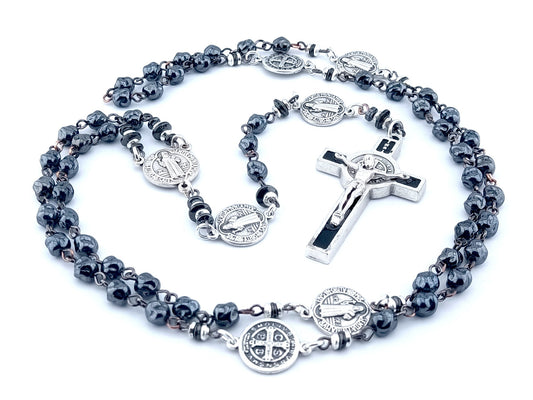 Saint Benedict unique rosary beads with glass nugget and hematite beads, silver and black enamel crucifix and centre medal.