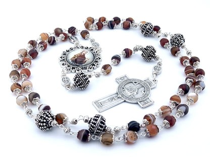 Saint Francis of Assisi unique rosary beads with brown agate gemstone beads, silver pater beads, Portiuncula Mother church cross and picture centre medal.