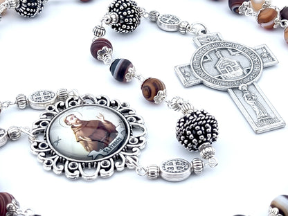 Saint Francis of Assisi unique rosary beads with brown agate gemstone beads, silver pater beads, Portiuncula Mother church cross and picture centre medal.