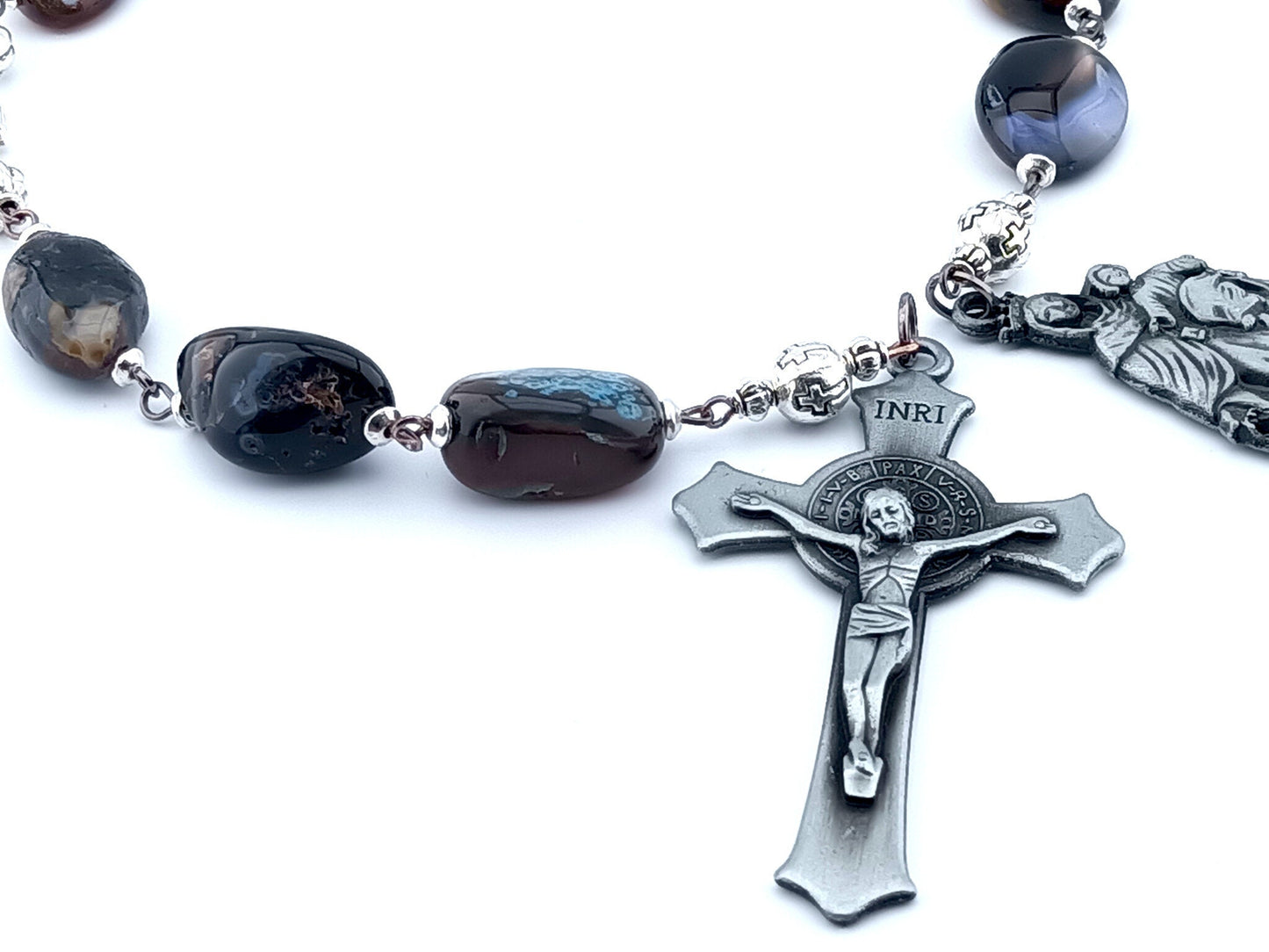 Our Lady of Mount Carmel unique rosary beads prayer chaplet with agate nugget beads, pewter crucifix and Our Lady end medal.