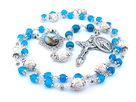 Saint Michael unique rosary beads prayer chaplet with blue glass and white gemstone beads, silver crucifix, picture centre medal and large miraculous medal.