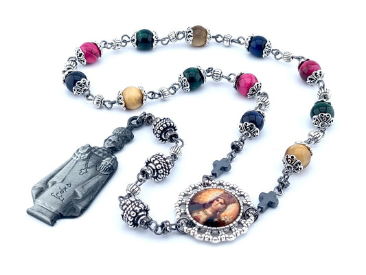 Infant of Prague unique rosary beads prayer chaplet with multicoloured tigers eye gemstone beads, silver bead caps, picture centre medal and pewter Infant of Prague end medal.