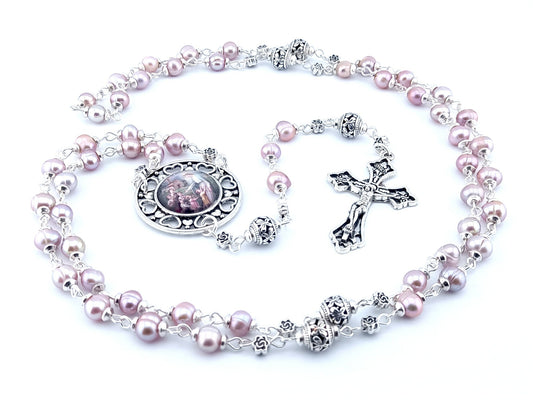 Virgin Mary and children unique rosary beads with pink fresh water pearl beads, silver pater beads, crucifix and picture centre medal.