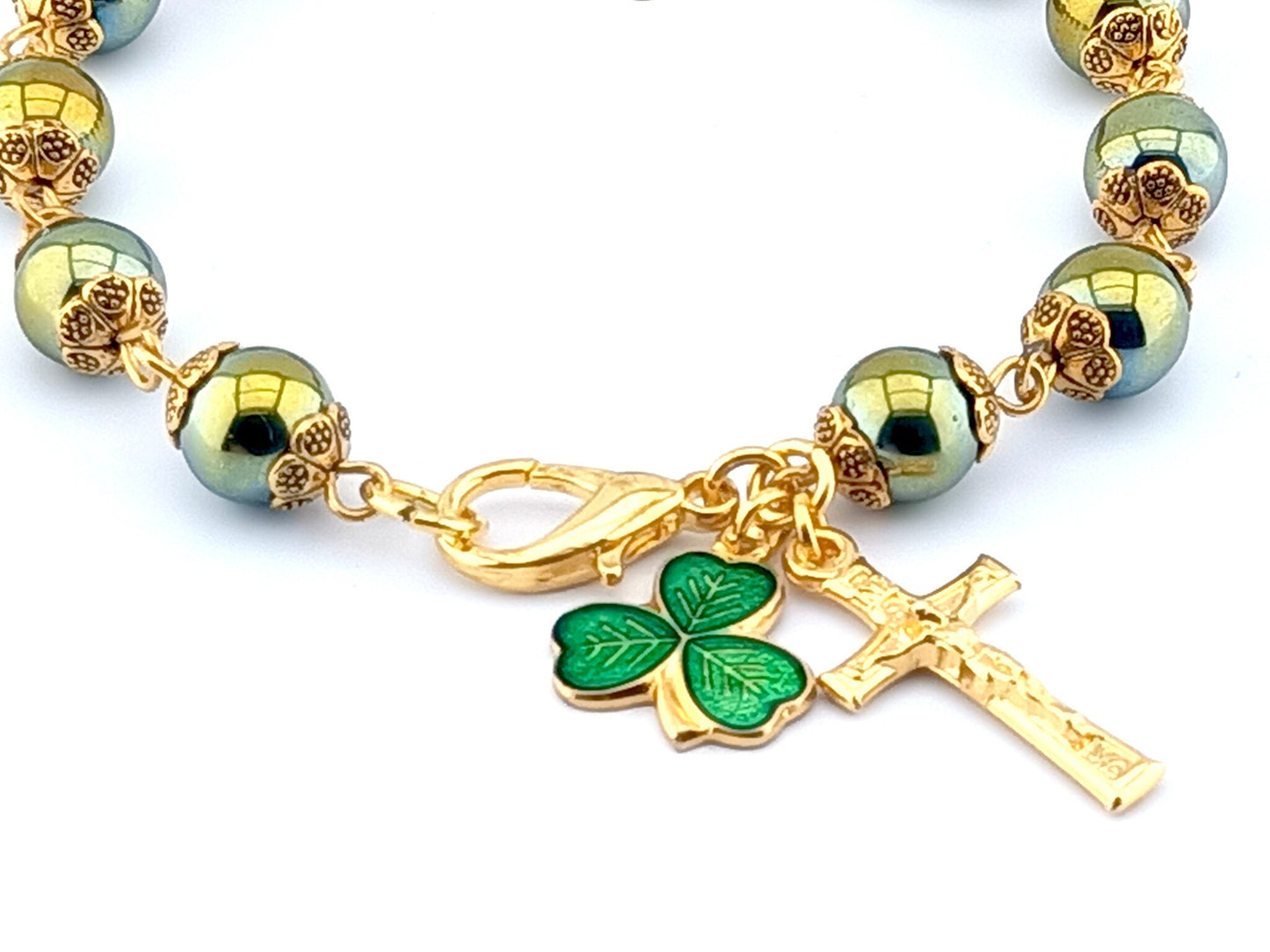 Our Lady of Sorrows unique rosary beads single decade bracelet with green hemitite beads, golden bead caps, crucifix, lobster clasp and picture medal.