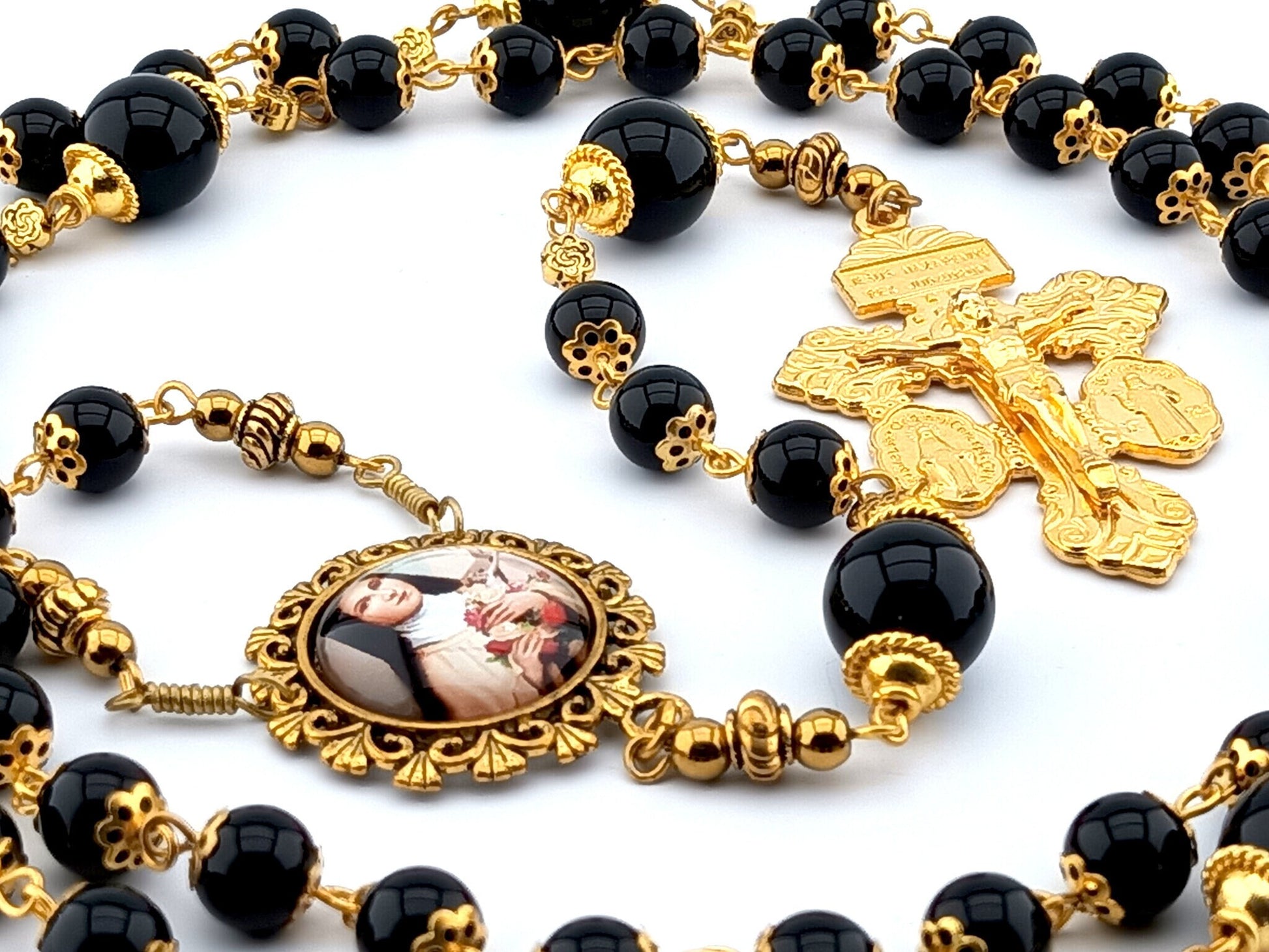 Saint Therese of Lisieux unique rosary beads with onyx beads, gold pardon crucifix, picture centre medal, bead caps and wire.