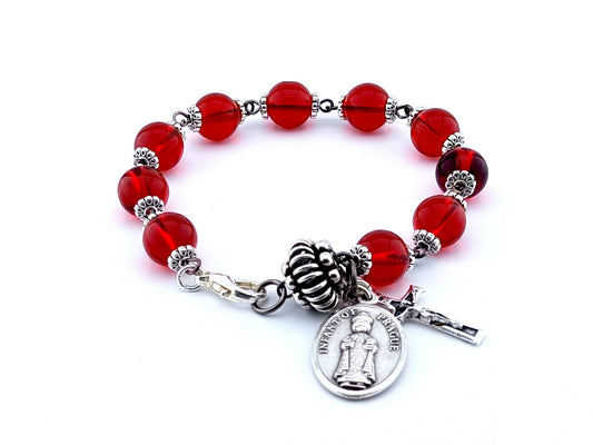 Infant of Prague unique rosary beads single decade bracelet with red glass beads, silver pater bead, crucifix and medal.