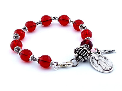 Infant of Prague unique rosary beads single decade bracelet with red glass beads, silver pater bead, crucifix and medal.